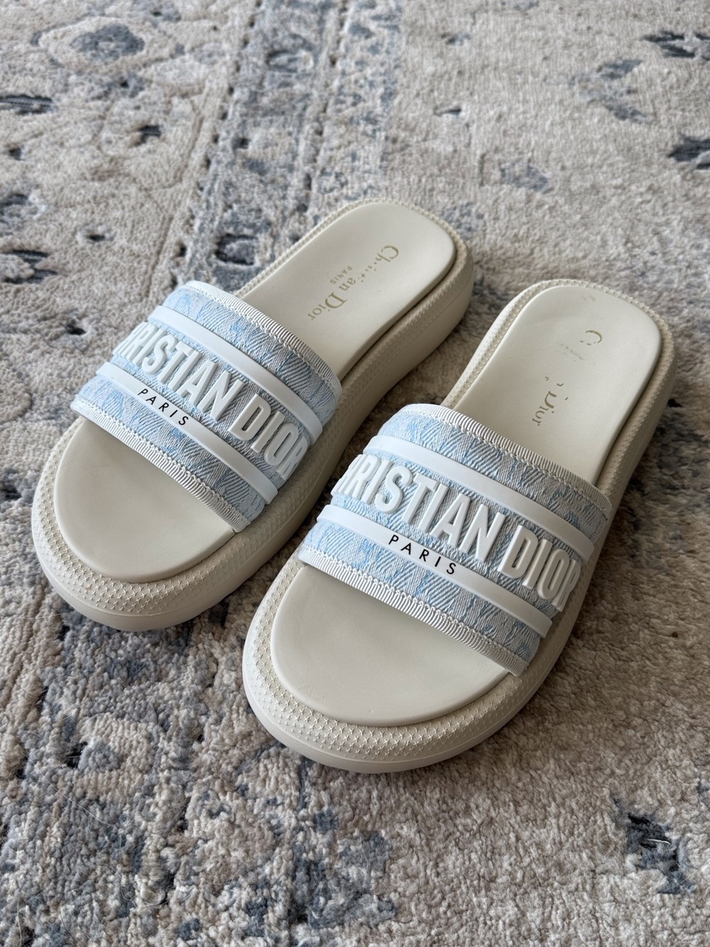 Women Light Blue / White Logo Dway Slide Slip-On Sandals CD Inspired